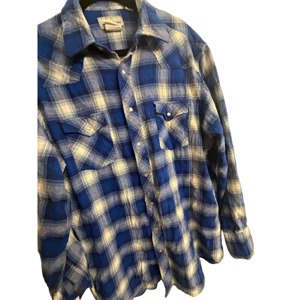 Wrangler Wrancher Men’s XLT Blue Plaid Western Pearl Snap Shirt 100% Cotton Tall - Picture 5 of 11